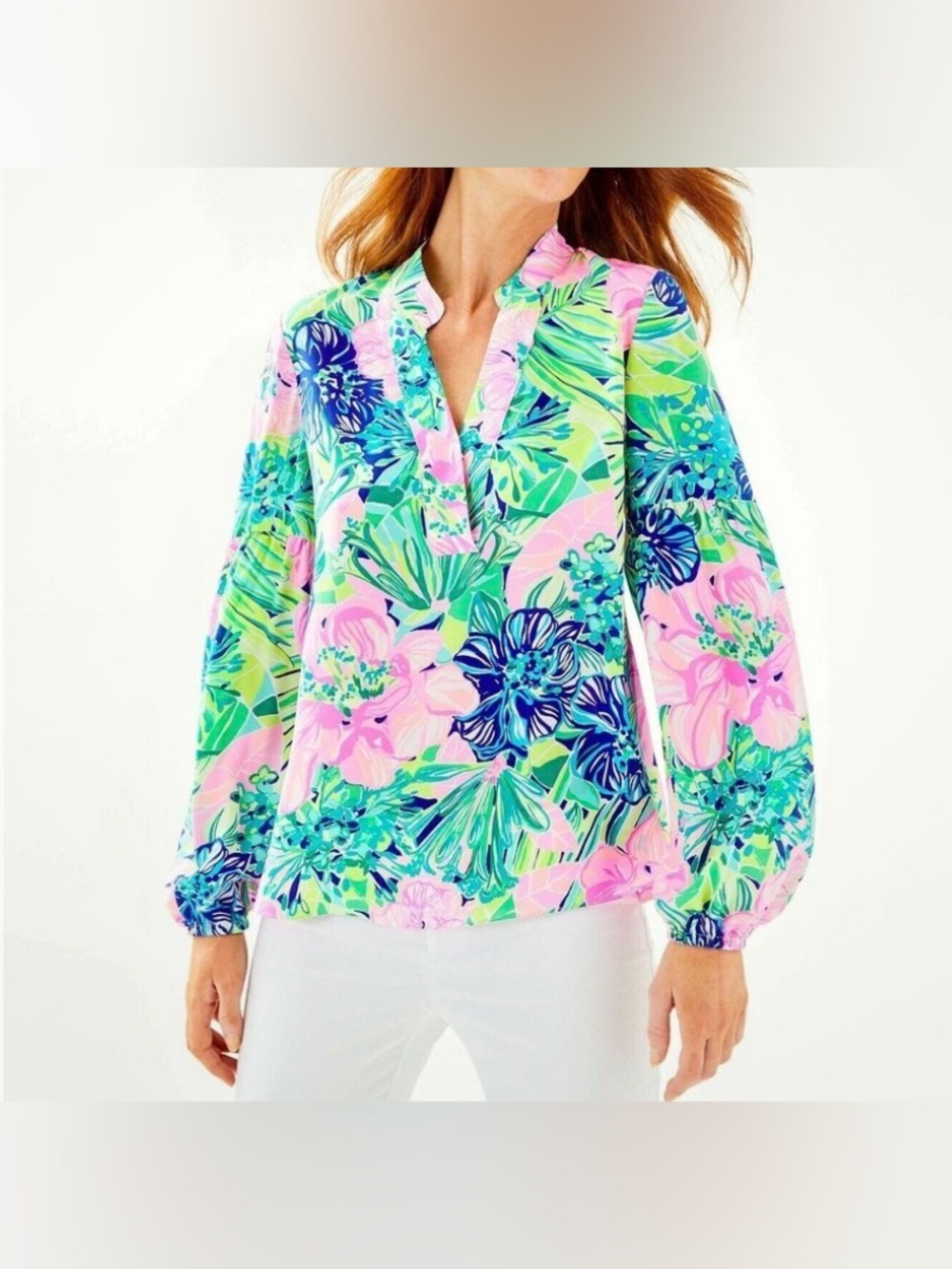 Lilly Pulitzer Shea Tunic Blouse Island Escape Tropical Pink Green Size XL EUC - Picture 15 of 16